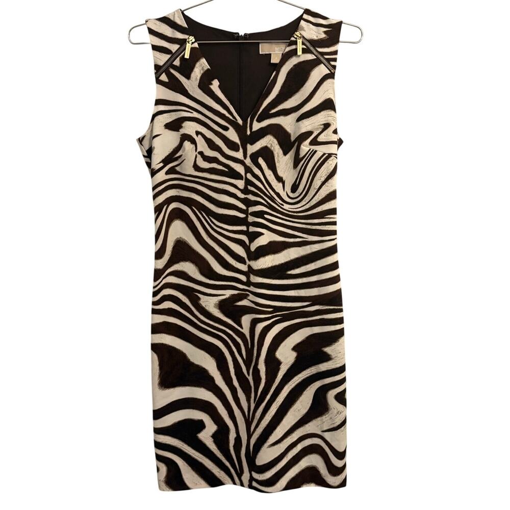 Michael Kors Brown and Cream Zebra Print Sleeveless Sheath Dress S